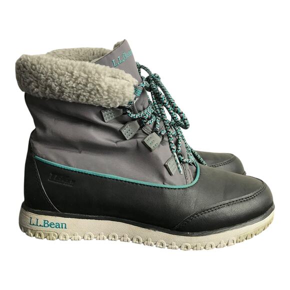 L.L Bean Booties Women Sz 7 Lite Black Gray Colorblock Leather Insulated Lace-Up